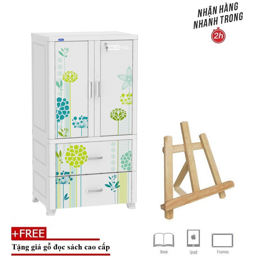 Tủ Nhựa Treo Quần Áo Duy Tân WING-2C-2N 70 X 50 X 135 Cm (Xanh Dương)- TẶNG KÈM 1 GIÁ GỖ ĐỌC SÁCH, IPAD