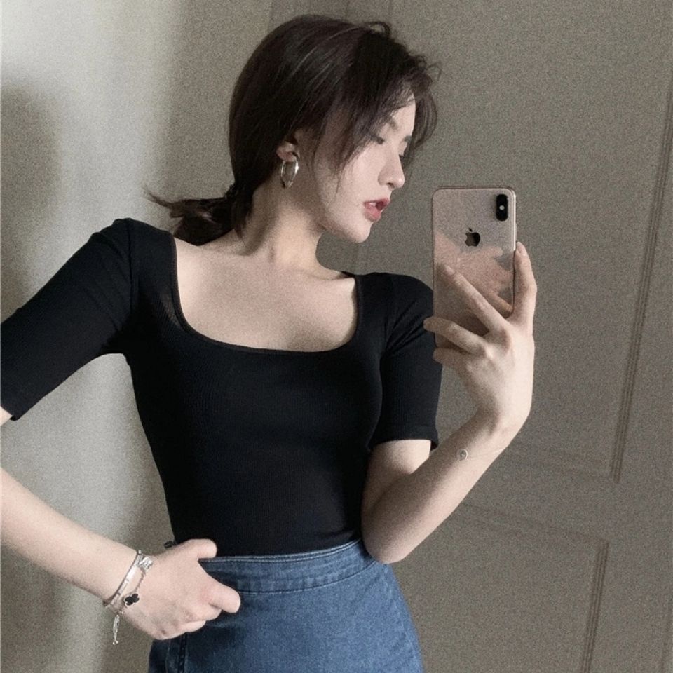 Áo Thun Dệt Kim Cổ Vuông Tay Ngắn Hở Vai Màu Trơn Thời Trang Dành Cho Nữ