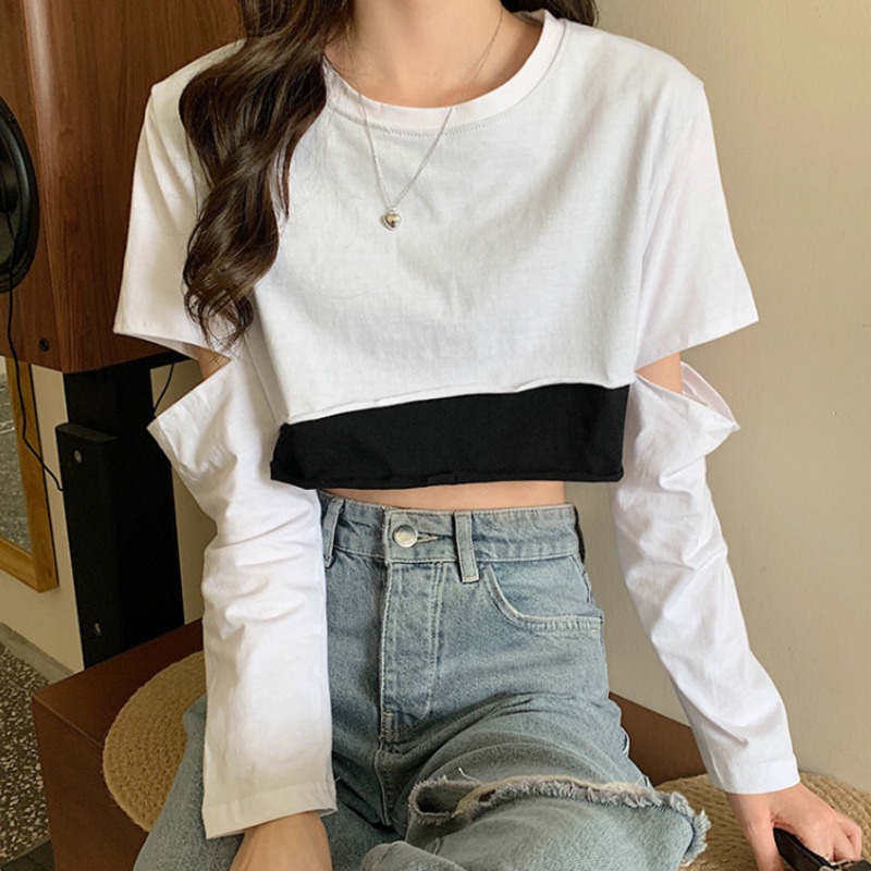 Áo thun lửng tay dài giả hai lớp thời trang cho nữ