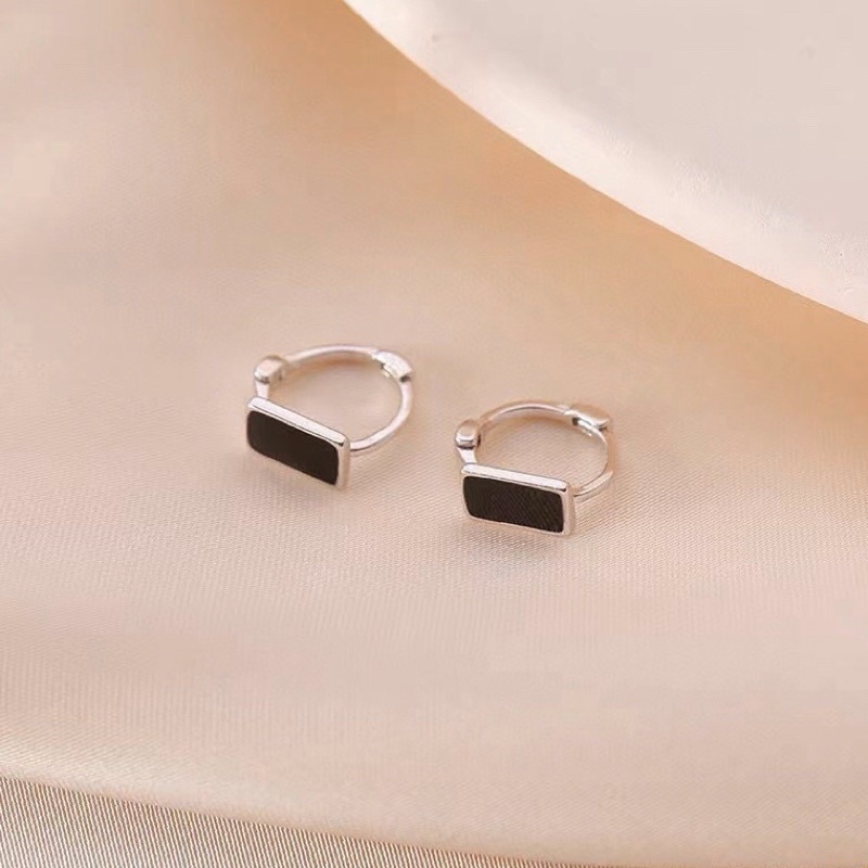 Bông tai bạc khoen tròn chữ nhật màu đen bạc 925 Minh Tâm Jewelry