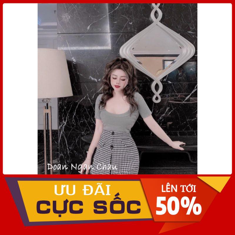 [ 𝐅𝐑𝐄𝐄 𝐒𝐇𝐈𝐏 ] SET ÁO THUN CỔ U MIX CHÂN VÁY CARO TÚI LỆCH 2 MÀU TRẮNG - XÁM