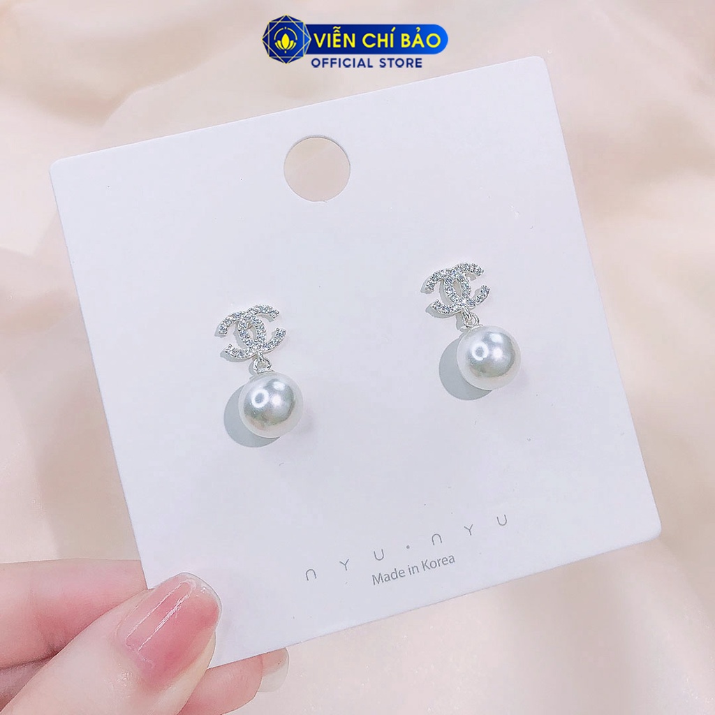 Bông tai bạc nữ trái châu chữ CC đính đá chất liệu bạc 925 thời trang phụ kiện trang sức nữ Viễn Chí Bảo B400011