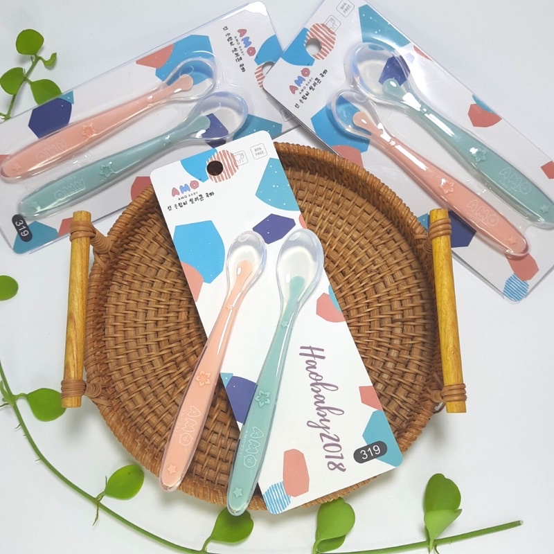 Thìa ăn dặm silicon Amoo set 2 thìa cho bé ăn dặm BLW kiểu nhật - Haobaby2018