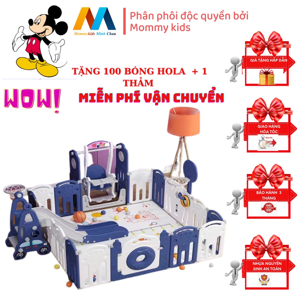 Combo quây cũi MOMMYKID MINH CHÂU cầu trượt xích đu bóng rổ TẶNG THẢM 100