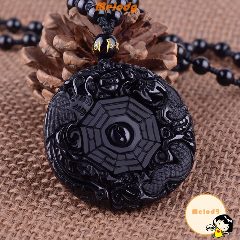 Vòng cổ bằng đá obsidian màu đen khắc hình rồng phượng cổ điển dành cho nam nữ