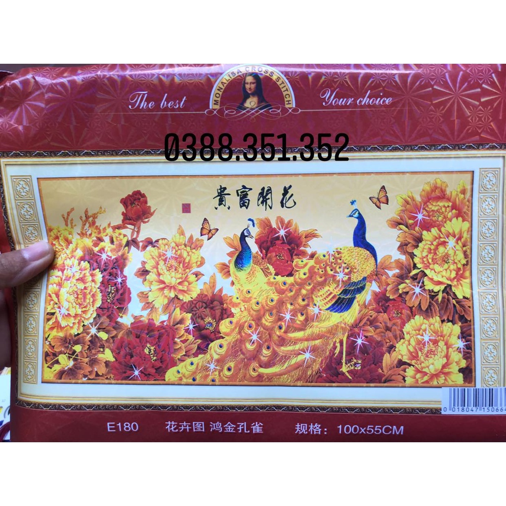 Tranh thêu chữ thập chim công hoa mẫu đơn kt 150x63cm và 195x80cm LOẠI 1