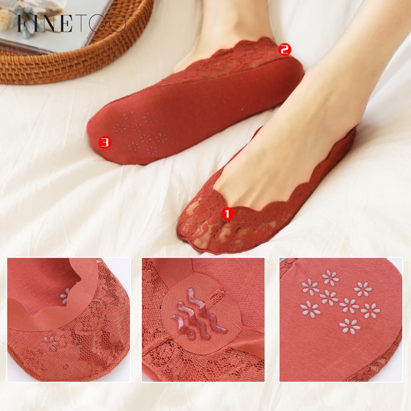 Vớ FINETOO cổ thấp vải ren hoa chống trượt thanh lịch thời trang dành cho nữ