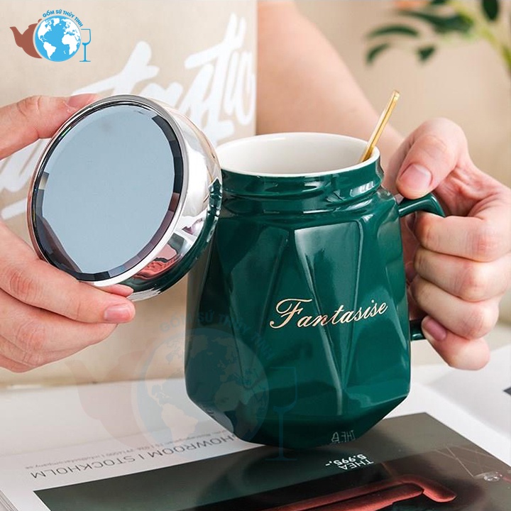 Ly sứ nắp tráng gương thân ly họa tiết kim cương 460ml có tay cầm cao cấp
