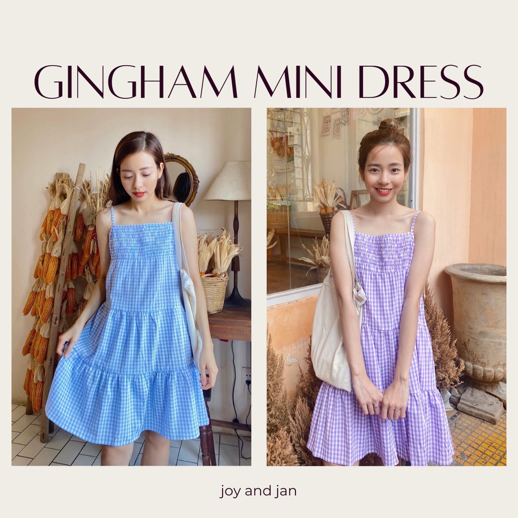 Đầm 2 dây babydoll caro, dễ thương xinh xắn, hàng thiết kế Gingham Mini Dress D056 (ảnh thật kèm clip)