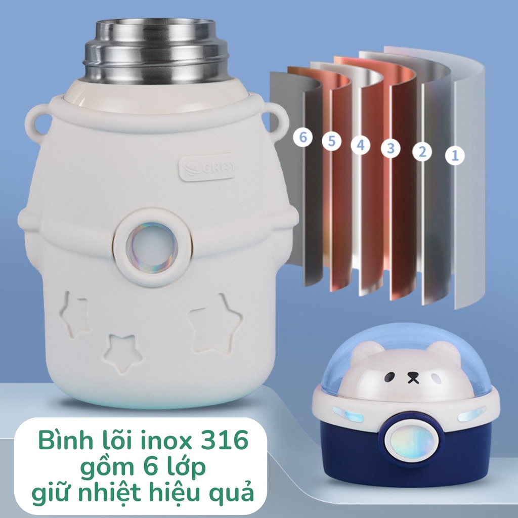 Bình nước giữ nhiệt cho bé 500ml phi hành gia cute có ống hút mini, bình inox 316 khắc tên