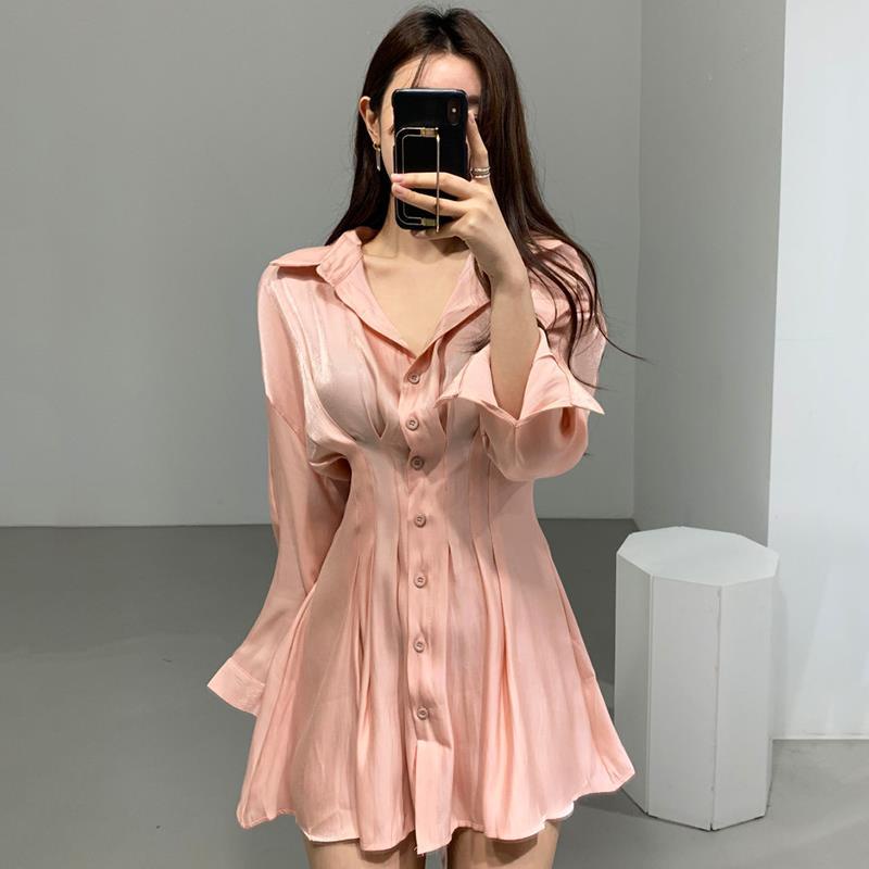 Đầm chiffon tay dài xếp ly thời trang công sở thanh lịch cho nữ