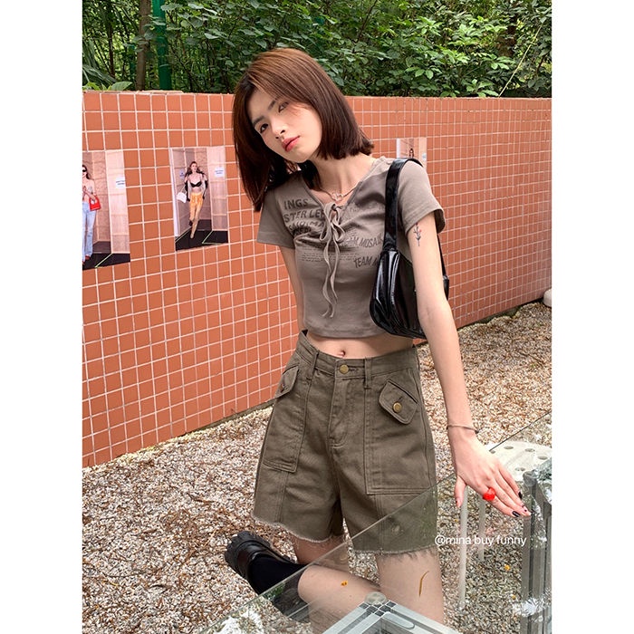 ▦Quần Yếm Denim Ngắn Ống Rộng Lưng Cao Phong Cách Retro Mỹ Thời Trang Cho Nữ
