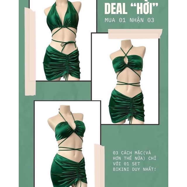 Bikini 3 mảnh Âu Mỹ kèm váy vải xanh lá bóng sang trọng quí phái tôn dáng ngực thắt dây eo hàng cao cấp