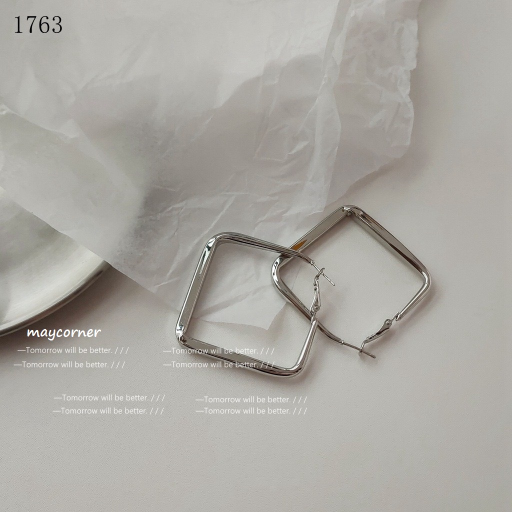 Khuyên tai hình học vuông mạ bạc 925 cao cấp 1763