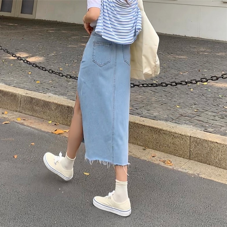 Chân Váy Denim Lưng Cao Xẻ Tà Quyến Rũ Cho Nữ CvJeanXe/P0AK2
