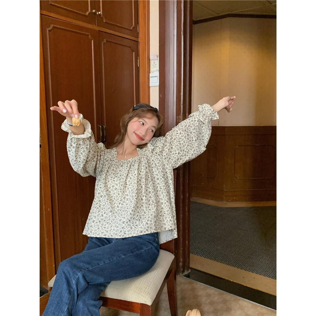 Áo Sơ Mi Hoa Cổ Vuông Dài Tay Dáng Rộng Thời Trang Cá Tính 60871