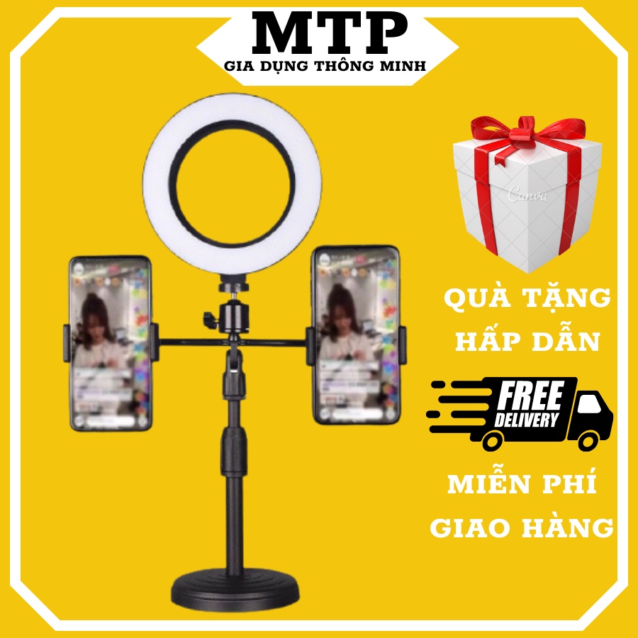Đèn livestream để bàn 2 kẹp điện thoại cao cấp, vòng led 16cm 3 màu ánh sáng, Đèn livestream bán hàng đa năng
