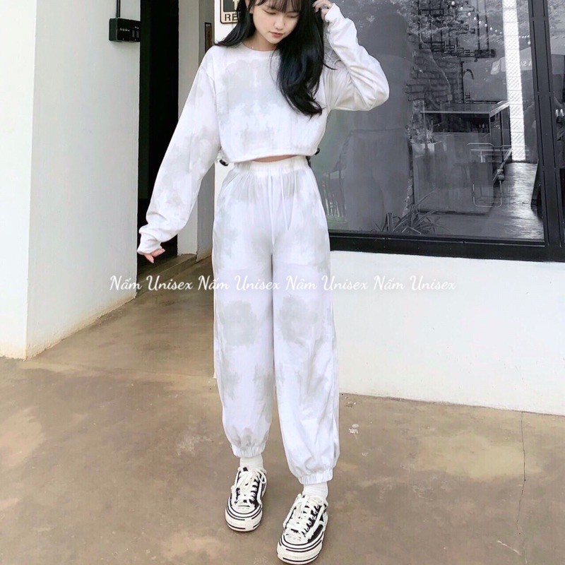 Set Áo croptop loang màu + Quần jogger loang dài ống rộng dây rút - Bộ thể thao màu loang