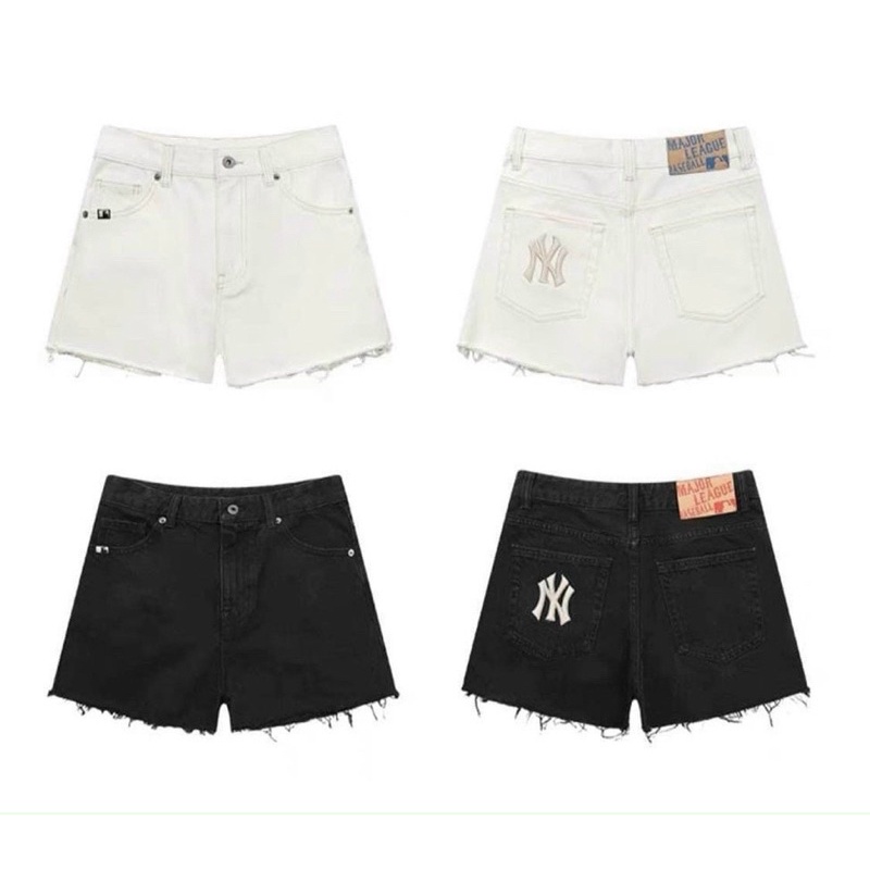 Quần Short Jean M L B Trắng Đen Logo Thêu