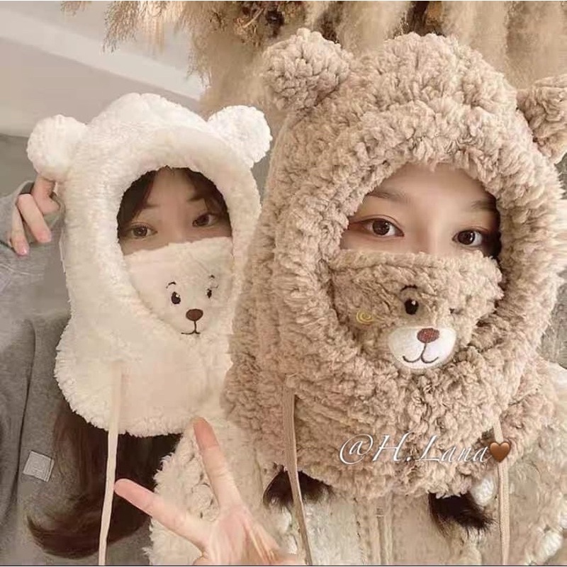 MŨ LEN LÔNG CỪU TRÙM TAI KÈM KHẨU TRANG HÌNH GẤU