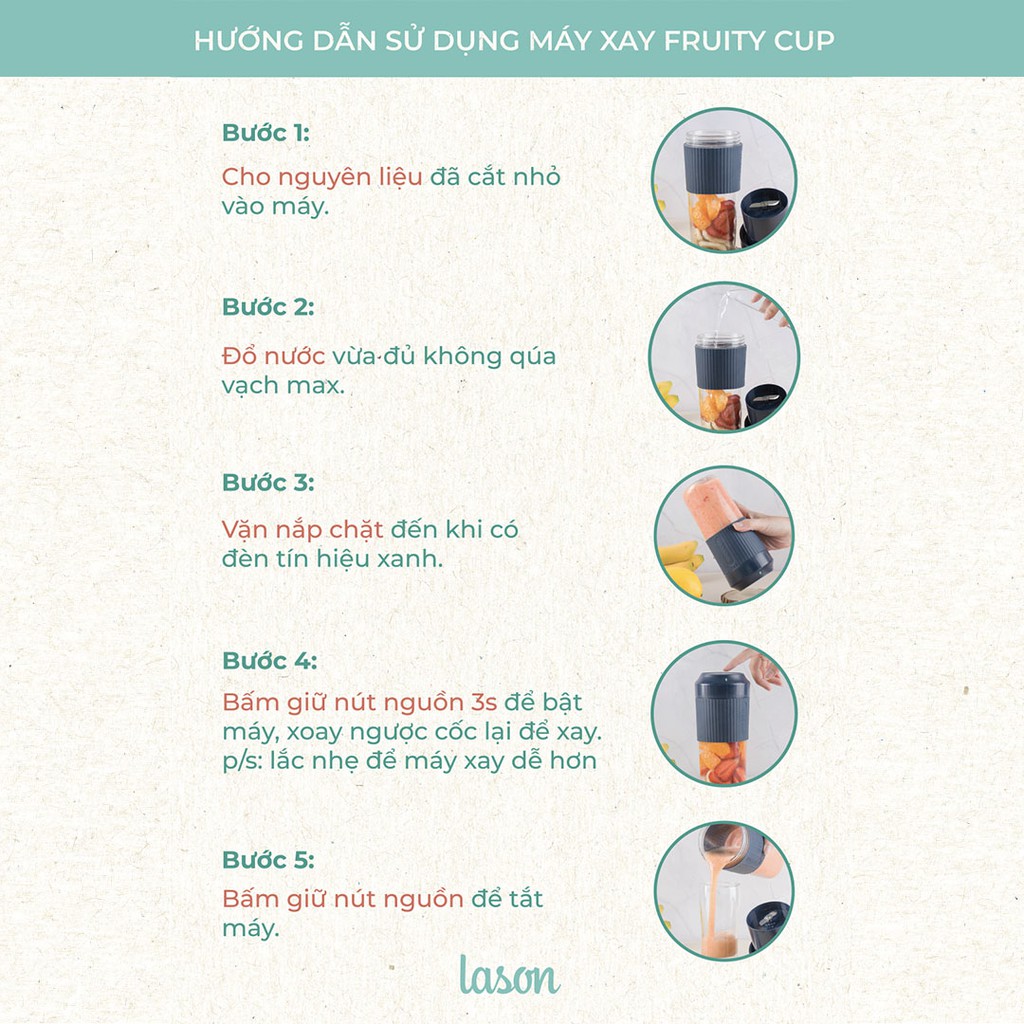 Cốc xay sinh tố sạc pin Fruity Cup LASON, máy xay hoa quả, đồ uống, xay đá, rau củ