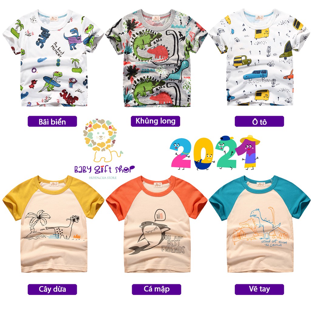 Áo bé trai 27KIDS áo cộc tay cho bé BETOP in hình khủng long chất cotton mẫu mới 2021