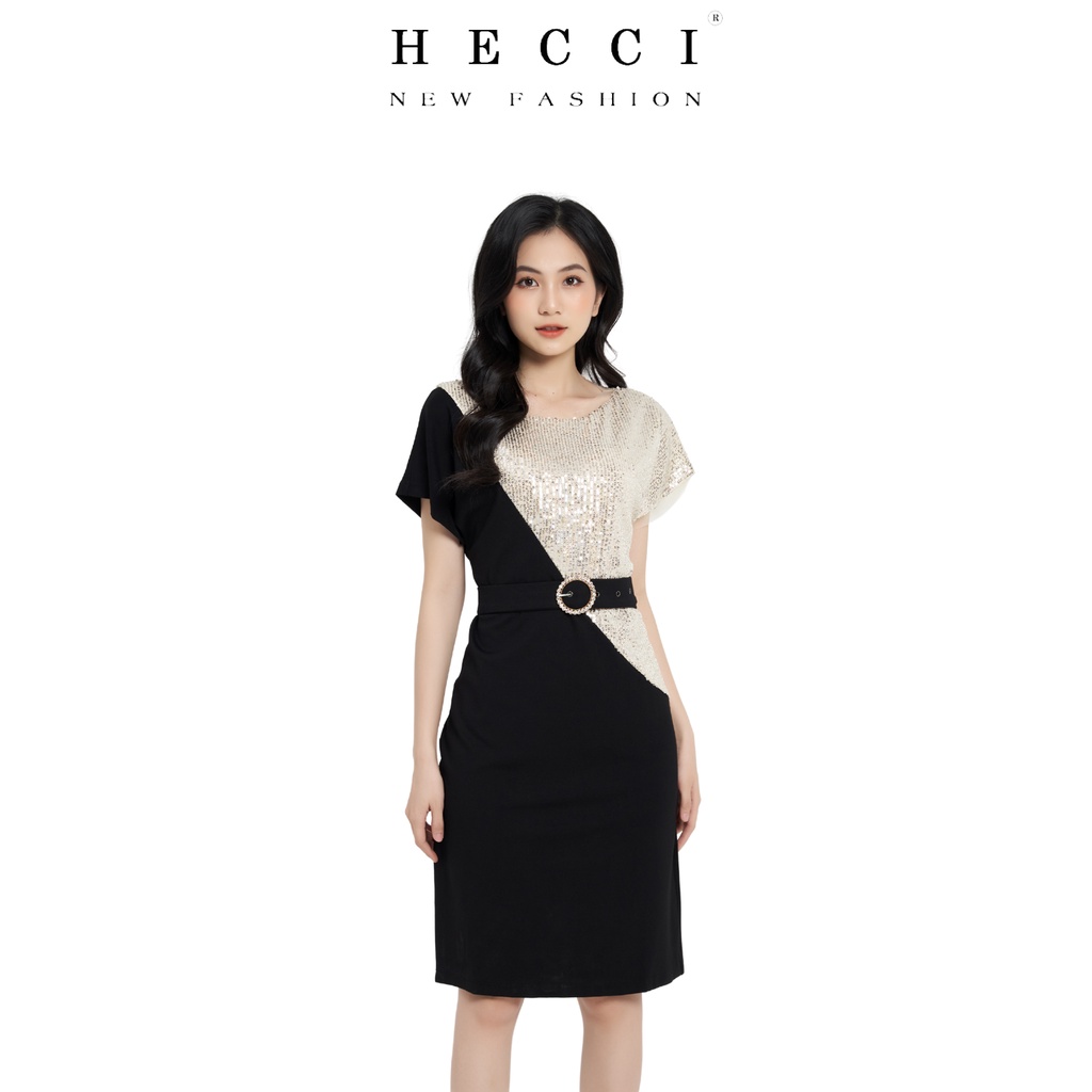 Váy đầm công sở HECCI cổ tròn kèm đai thắt eo chất liệu Umi Hàn phối Kim Sa V95