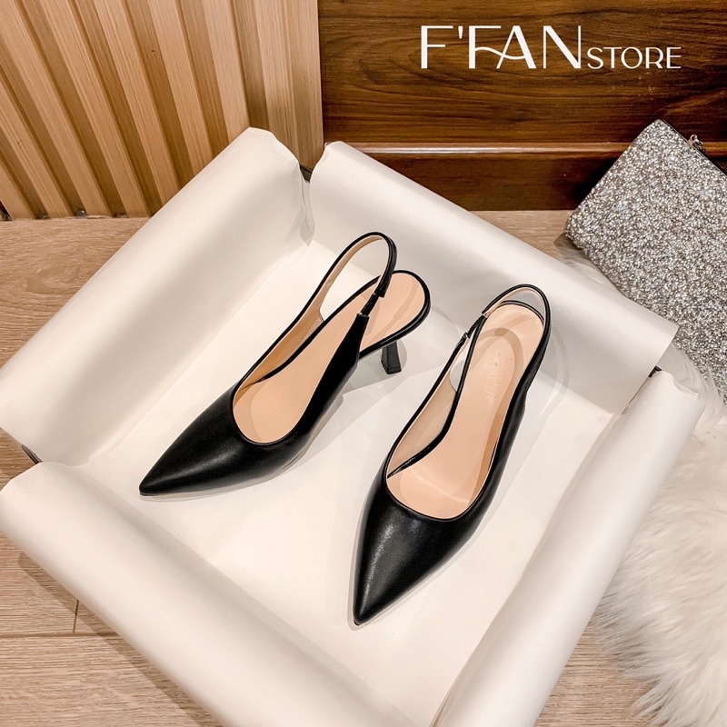 Giày nữ mũi nhọn hở gót  cao gót đế nhọn bít mũi 383 slingback, da mềm mại big size màu đen be trắng FFAN STORE