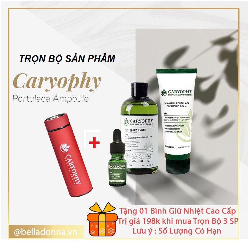 [CHÍNH HÃNG] Trọn Bộ Tinh Chất, Nước Hoa Hồng, Sửa Rửa Mặt Ngừa Mụn + Tặng Bình Giữ Nhiệt Inox 500ml Caryophy