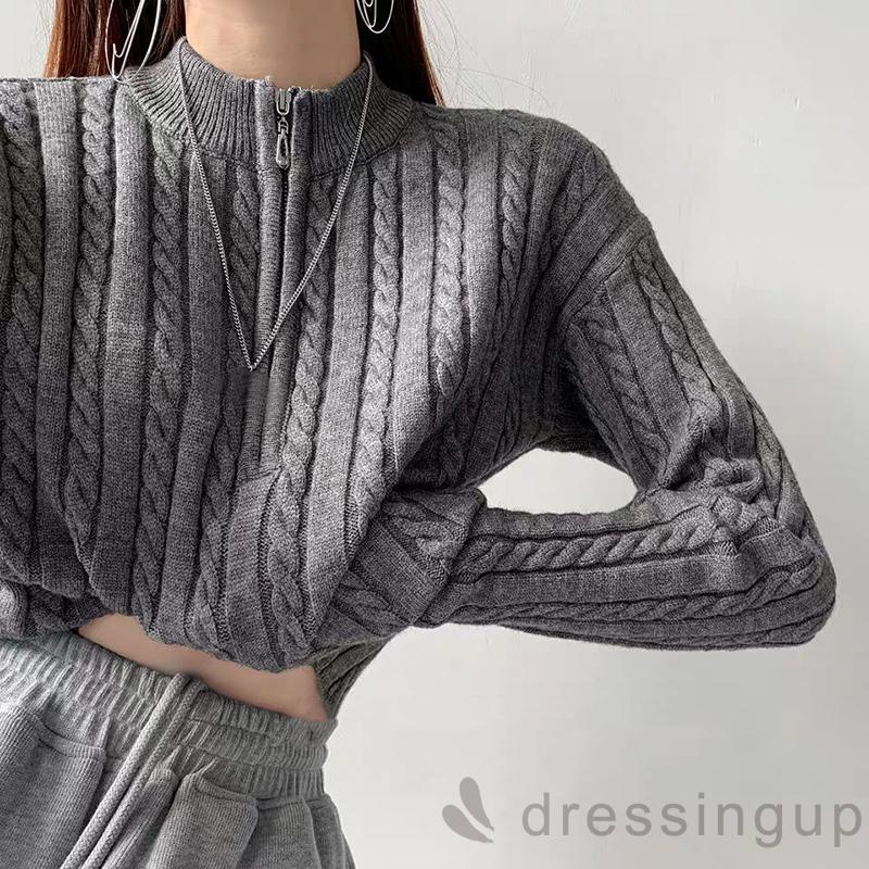 Áo Len Tay Dài Cổ Cao Màu Trơn Có Khóa Kéo Thời Trang Cho Nữ