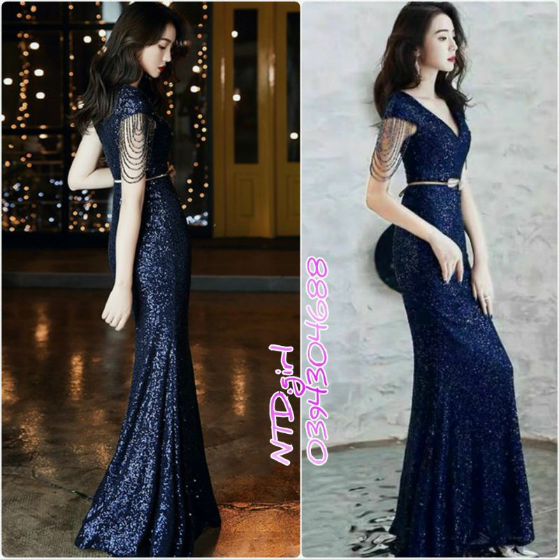 Hàng nhập - Đầm dạ hội dáng ôm đuôi cá cổ trễ, váy dự tiệc kim sa phối vai kết hạt đá