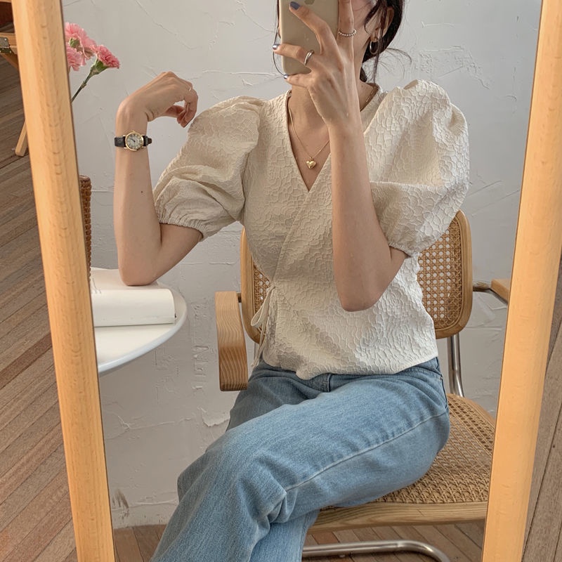 Áo Ngắn Tay Phồng Phối Ren Phong Cách Hàn Quốc Thời Trang Cho Nữ