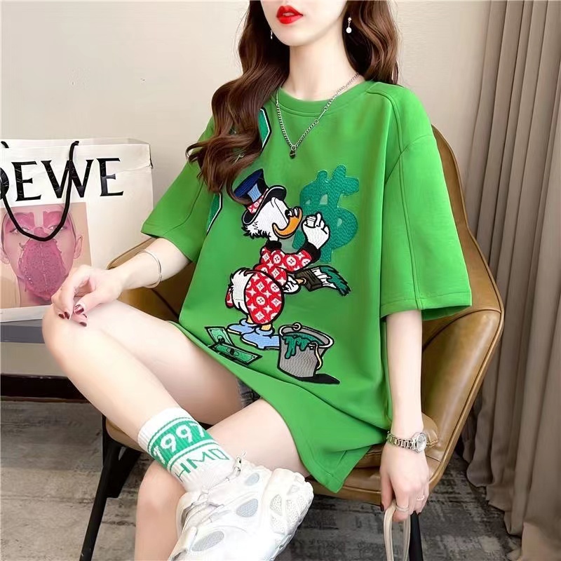 Áo Thun Tay Lỡ Dáng Rộng Thêu Họa Tiết Hoạt Hình Thời Trang Mùa Hè Cho Nữ