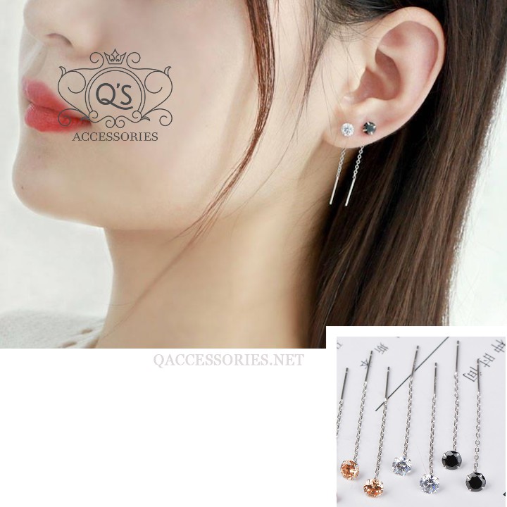 Khuyên tai bạc dài nụ đá 4 chấu bông tai sợi mảnh đen trắng S925 CHAIN Silver Earrings QA SILVER EA200701