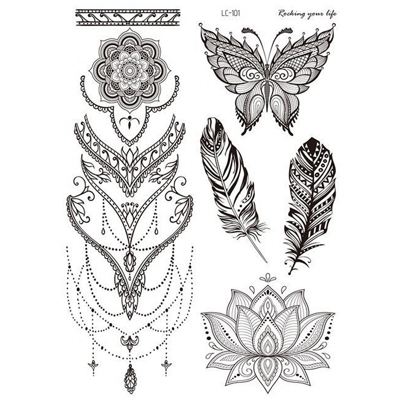 Miếng Dán Hình Xăm Họa Tiết Hoa Mandala Màu Trắng Đen Chống Thấm Nước