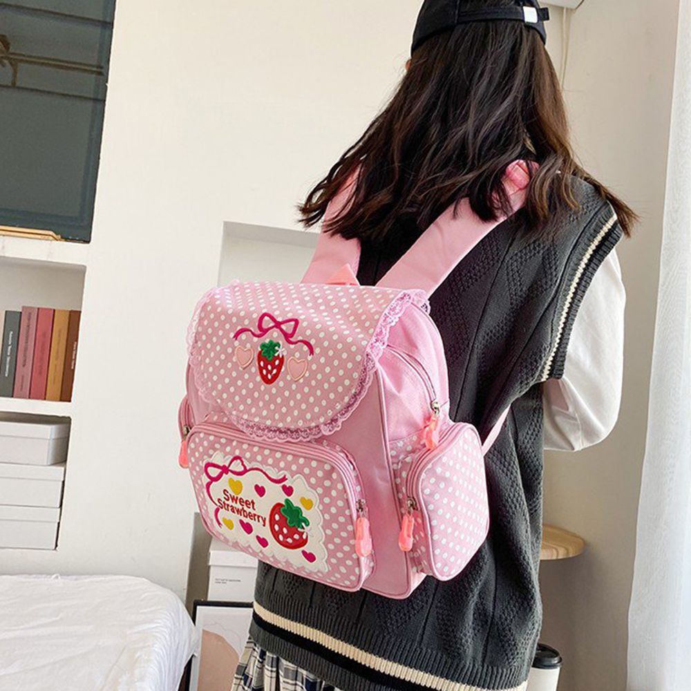 Balo thêu họa tiết dâu tây dễ thương phong cách thời trang Nhật Bản dành cho nữ