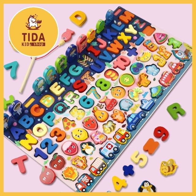 Bộ Bảng Gỗ 7 in 1 Cho Bé ⚡ HOT TREND ⚡ Đồ Chơi Gỗ Montessori, Logic Gỗ Câu Cá Và Ghép Hình Nhiều Chi Tiết TIDA KIDS SHOP