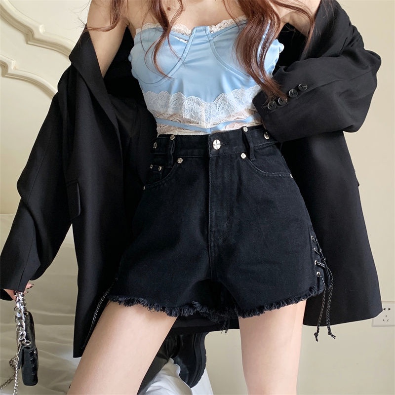 Quần Short Denim Màu Đen Lưng Cao Phong Cách Hàn Quốc Cho Nữ
