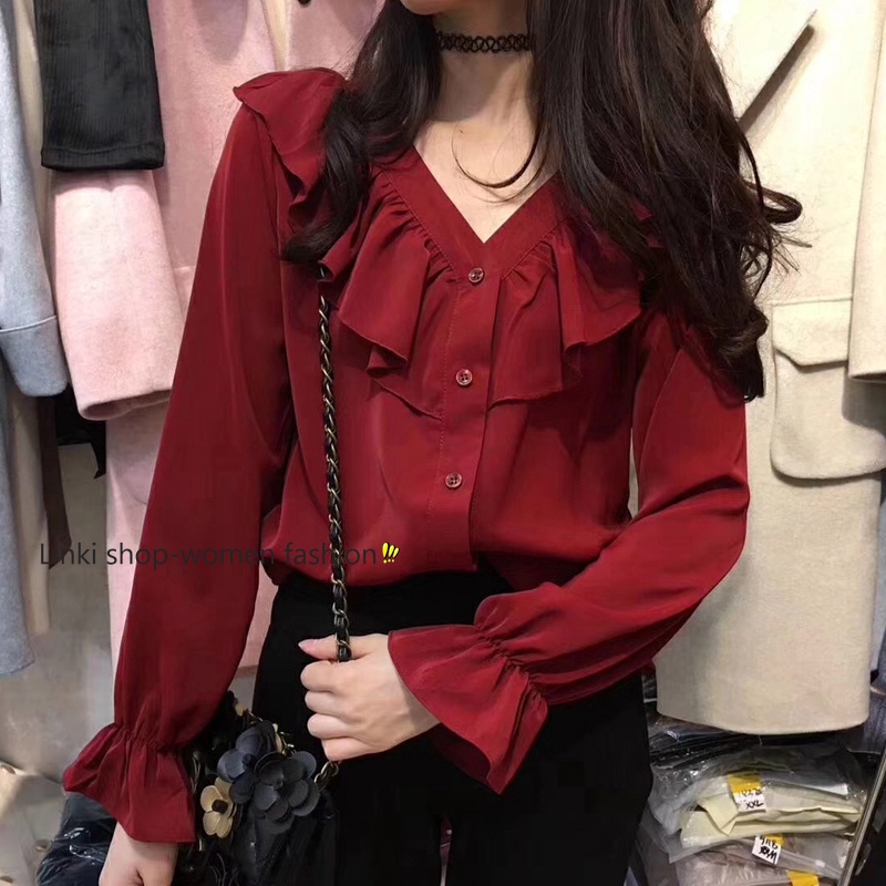 Cổ Phiếu Sẵn Sàng ✈ Áo Sơ Mi chiffon Tay Dài Cổ Bèo Màu Trơn Ngọt Ngào Cho Nữ
