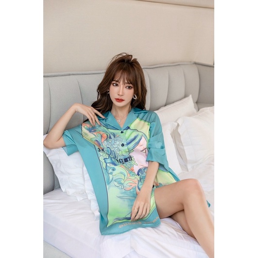 Váy ngủ sơmi lụa tay lỡ nàng tiên hạ lụa satin cao cấp quảng châu T004.