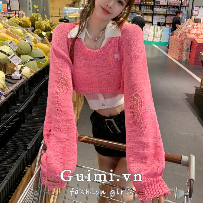 Áo NZN dệt kim tay dài thiết kế rách thời trang thu đông cho nữ