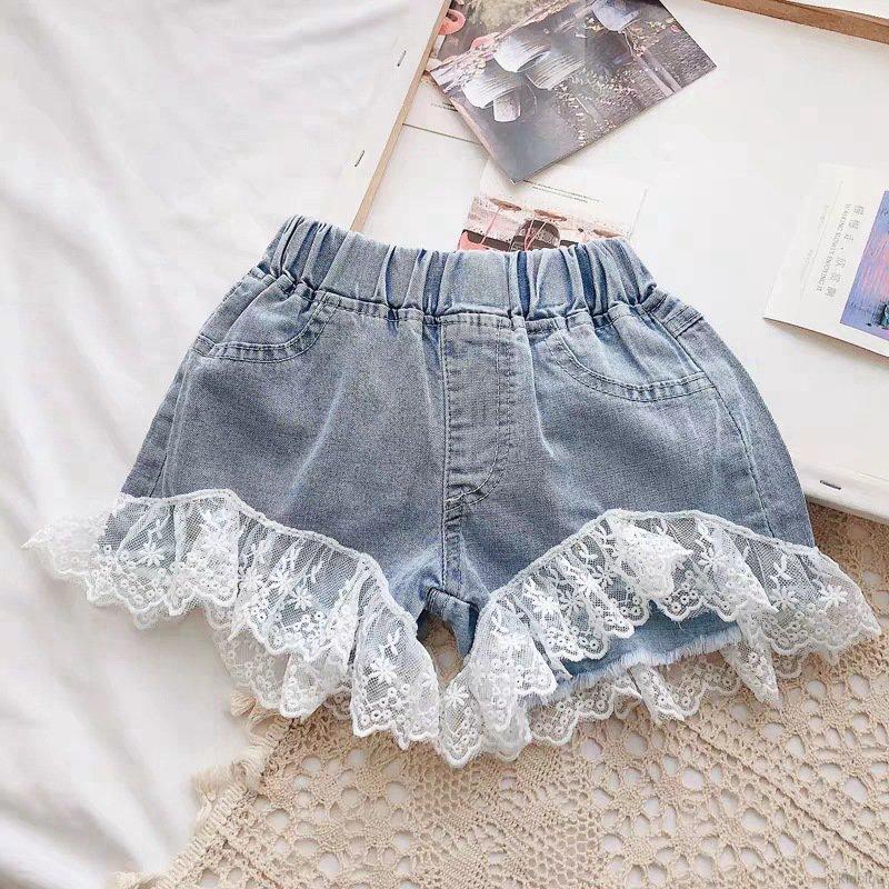 Set Áo Ren Tay Phồng + Quần Short Jeans Cho Bé Gái