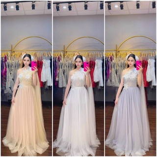 Đầm váy dạ hội maxi 1 vai kết hoa lông vũ phối tà lưới vai