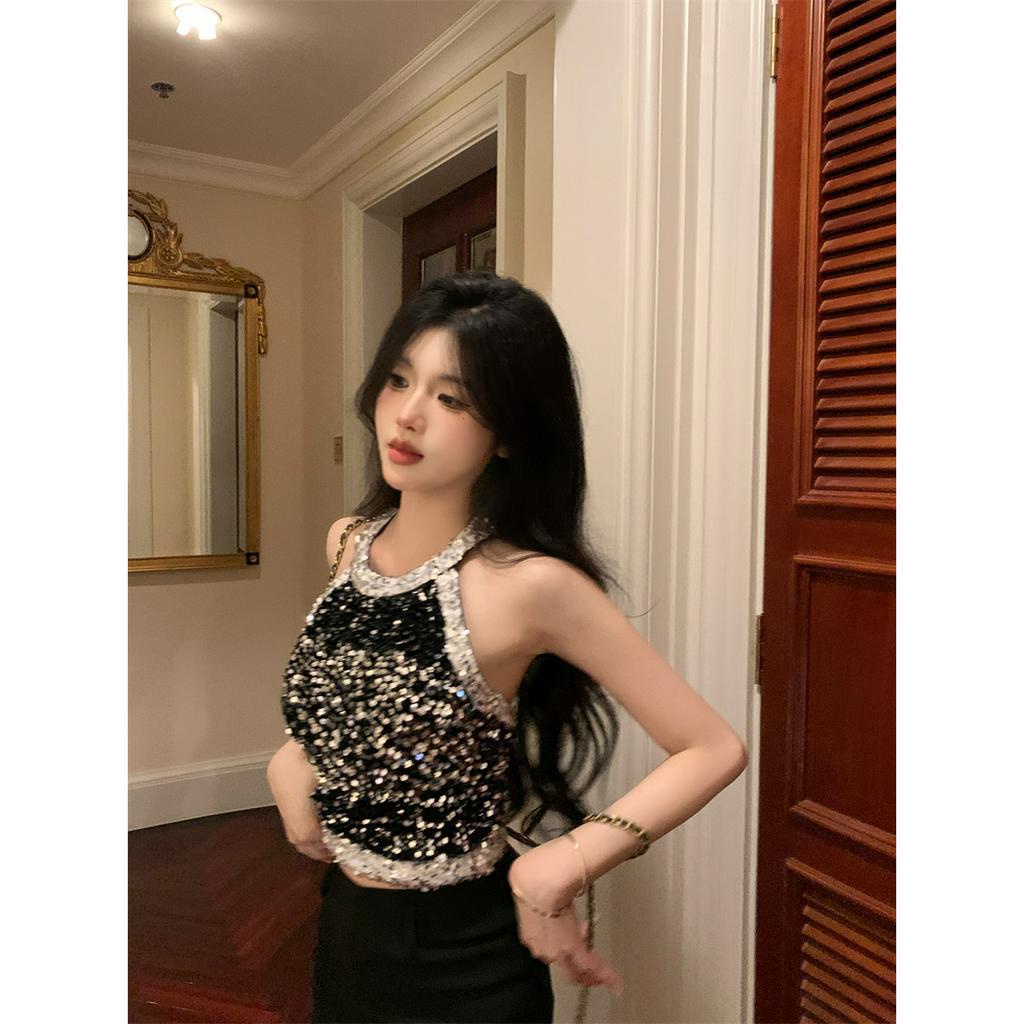 QADCOL Áo Hai Dây Đính Kim Sa Màu Đen Chất Lượng Cao Thời Trang Mùa Hè Cho Nữ