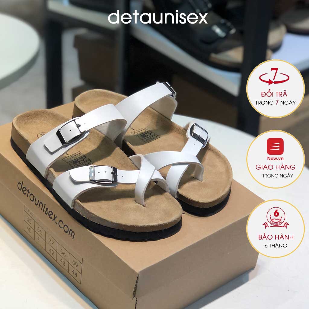 Dép birken Detaunisex dép đế trấu nam nữ xỏ ngón da PU màu trắng