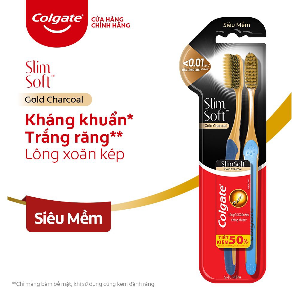 Bộ 2 Bàn chải Colgate Slimsoft Charcoal Gold kháng khuẩn than vàng