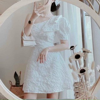 Đầm lệch vai gấm nơ to siêu phẩm