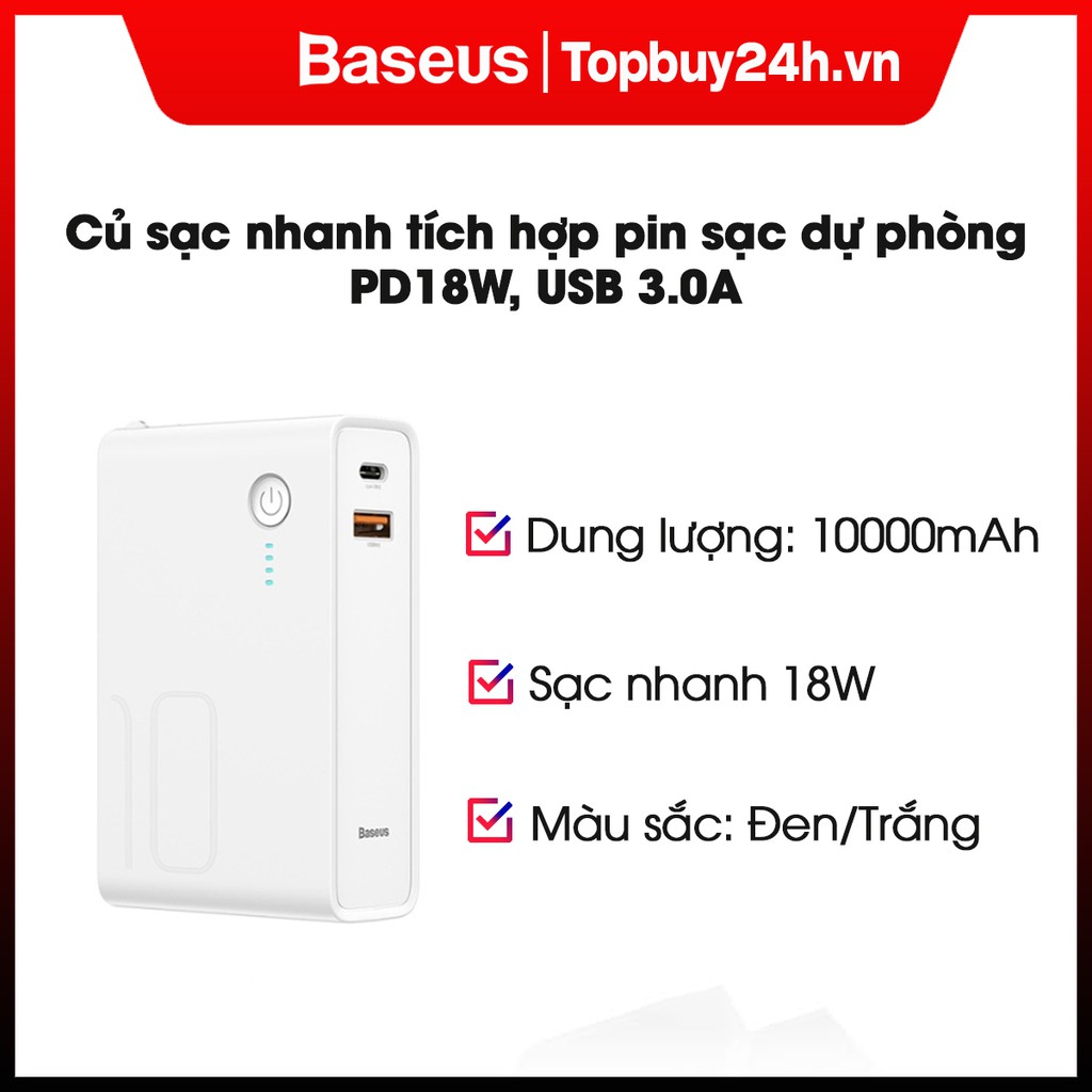 Pin sạc dự phòng 2in1 dung lượng 10000 mAh Power Bank tích hợp củ sạc nhanh Với Đầu Cắm USB 3A và Type C ( PD) 18W