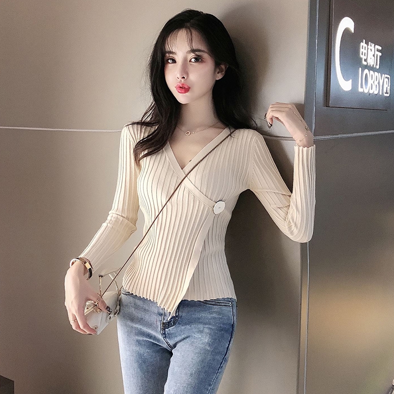 Áo dệt kim vạt chéo dài tay dáng ôm thời trang