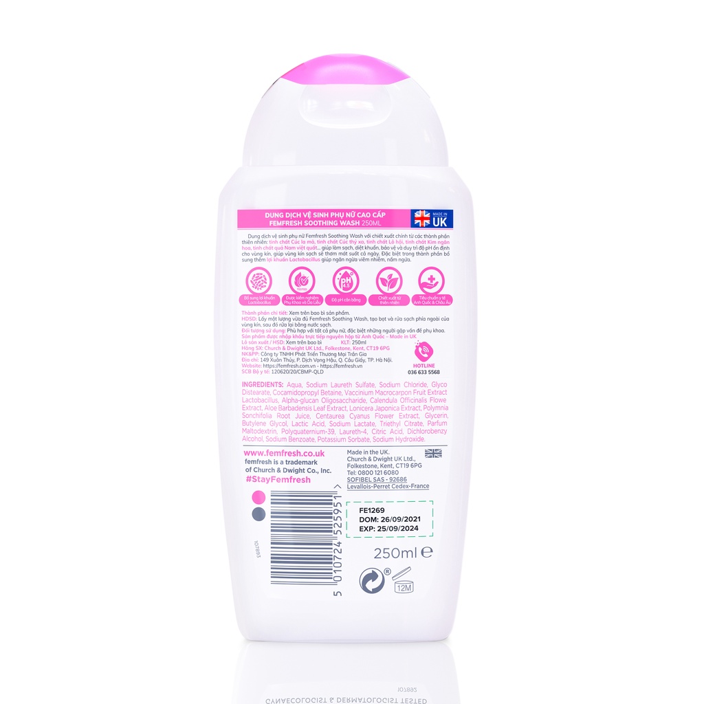 Femfresh Soothing Wash (Màu Hồng) - Dung Dịch Vệ Sinh Phụ Nữ, Bổ Sung Lợi Khuẩn, Dưỡng Ẩm (250ml) [Chính Hãng UK]